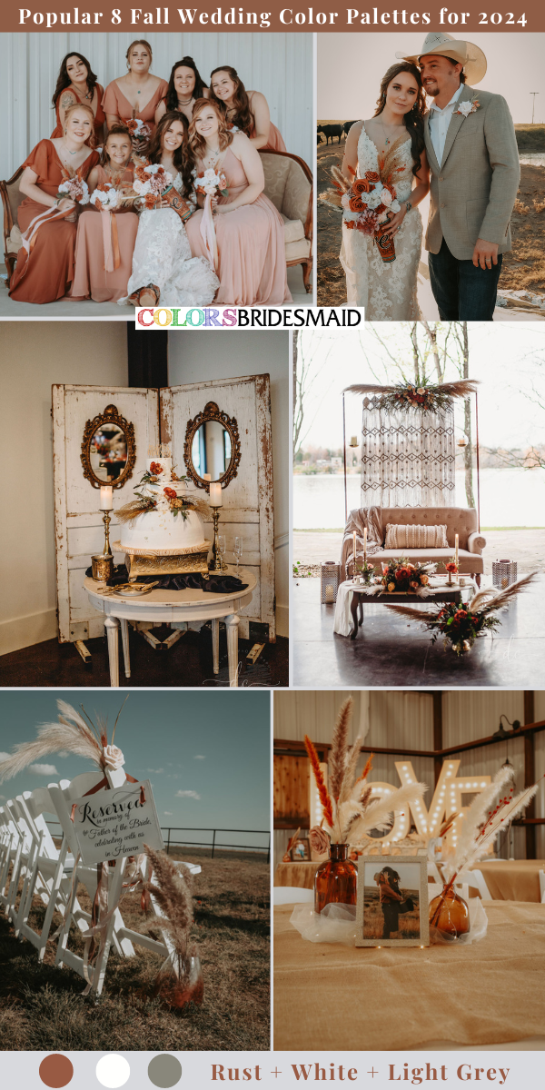 8 Popular Fall Wedding Color Palettes for 2024 - Rust + White + Light Grey