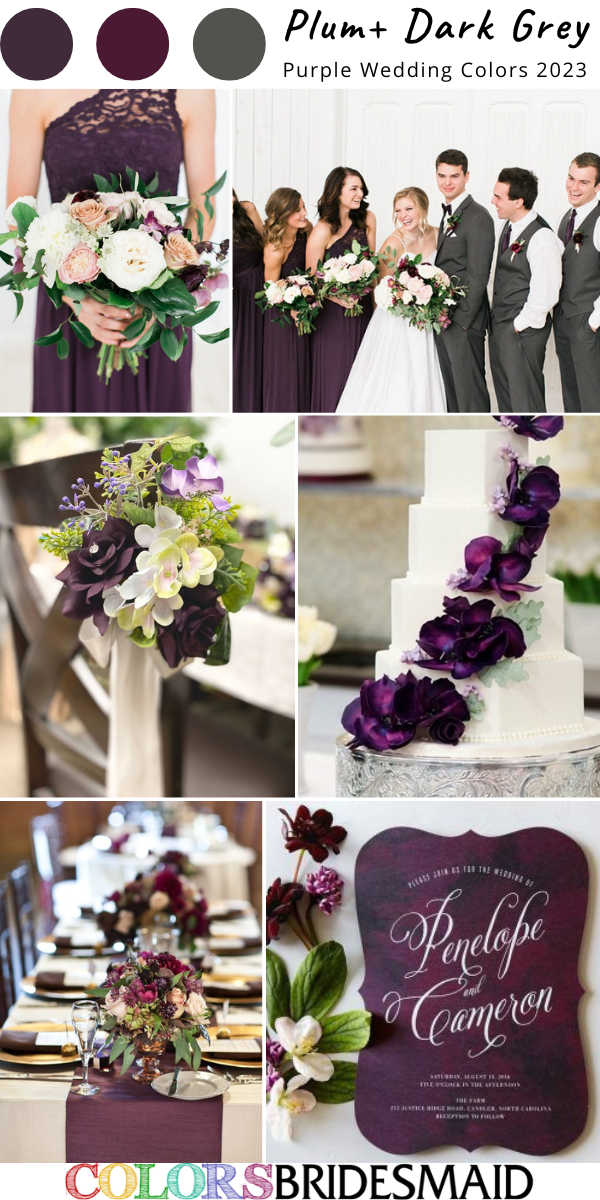 best purple wedding color scheme for 2023 - plum and dark grey