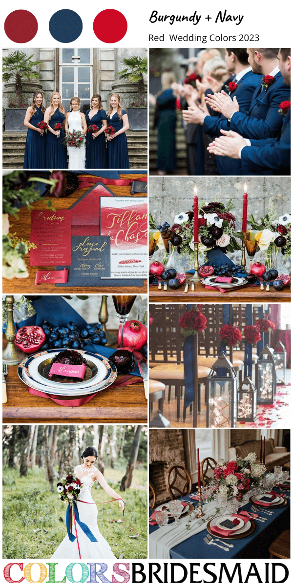 trendy red wedding colors for 2023 burgundy and navy blue