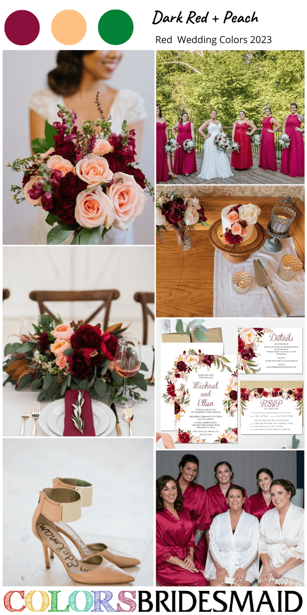 trendy red wedding colors for 2023 dark red and peach