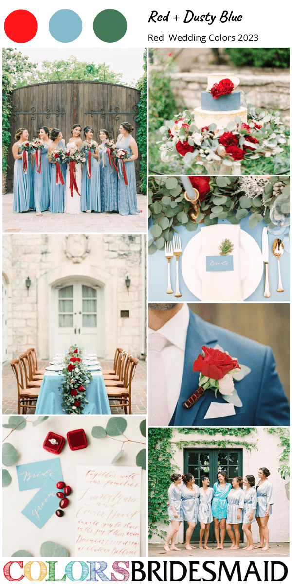 trendy red wedding colors for 2023 red and dusty blue