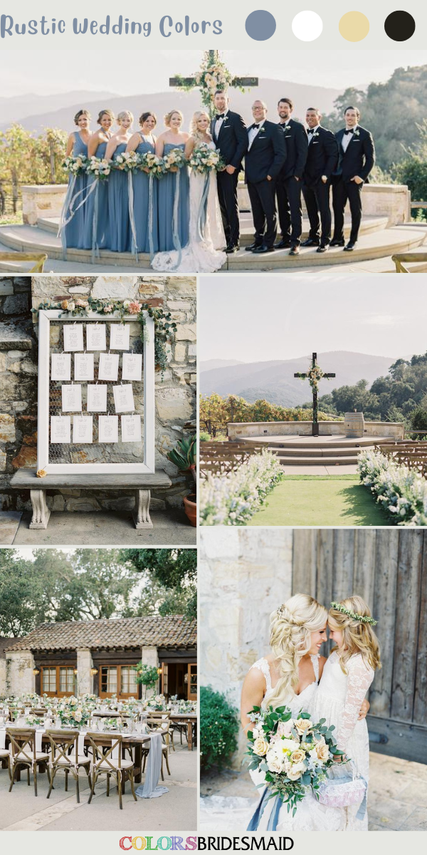 8 Pretty Rustic Wedding Color Palettes for 2023 - Dusty Blue + White + Misted Yellow