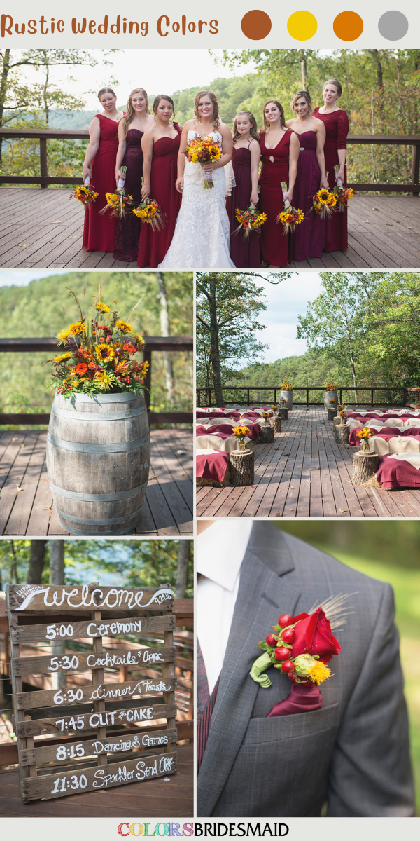 8 Pretty Rustic Wedding Color Palettes for 2023 - Maroon + Yellow + Burnt Orange