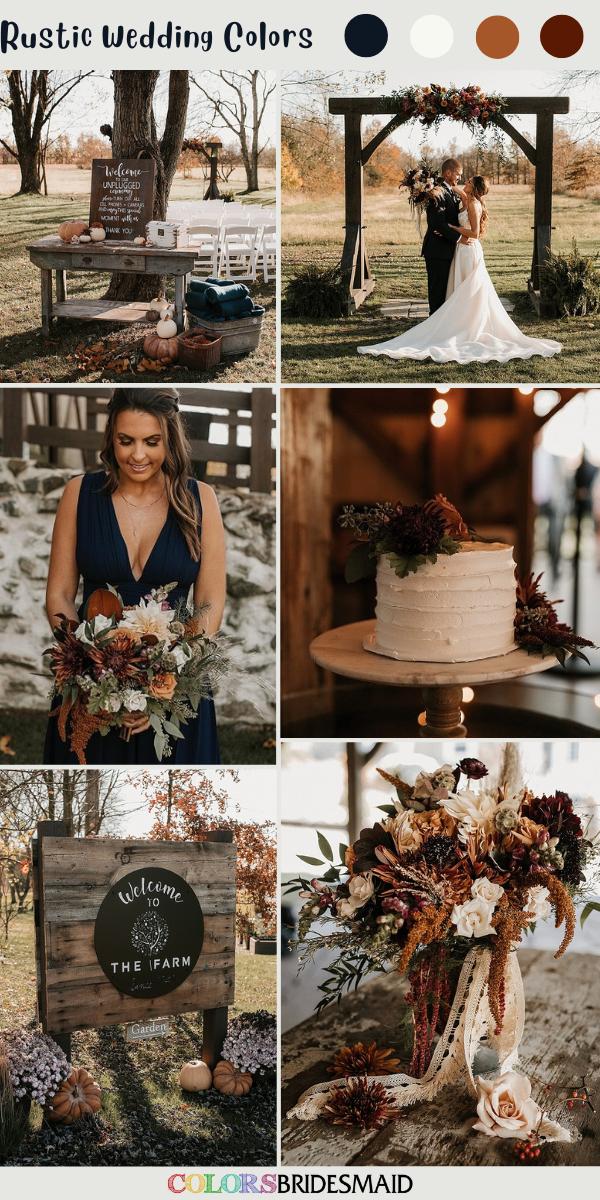8 Pretty Rustic Wedding Color Palettes for 2023 - Navy Blue + White + Withered Yellow