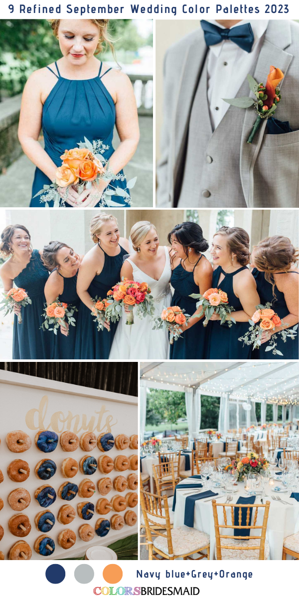 9 Refined September Wedding Color Palettes for 2023 - Navy blue + Grey + Orange