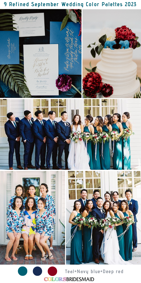 9 Refined September Wedding Color Palettes for 2023 - Teal + Navy blue + Deep red