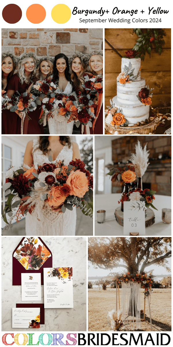 Best 8 September Wedding Color Combos 2024 for Burgundy Orange and Yellow