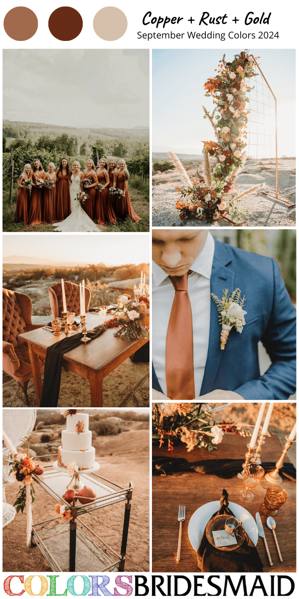Best 8 September Wedding Color Combos 2024 for Copper Rust and Gold