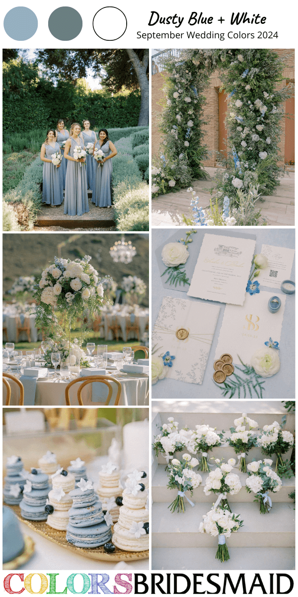 Best 8 September Wedding Color Combos 2024 for Dusty Blue and White
