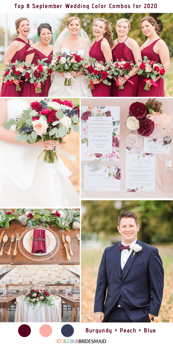 Top 8 September Wedding Color Combos for 2020 - Burgundy + Peach + Blue