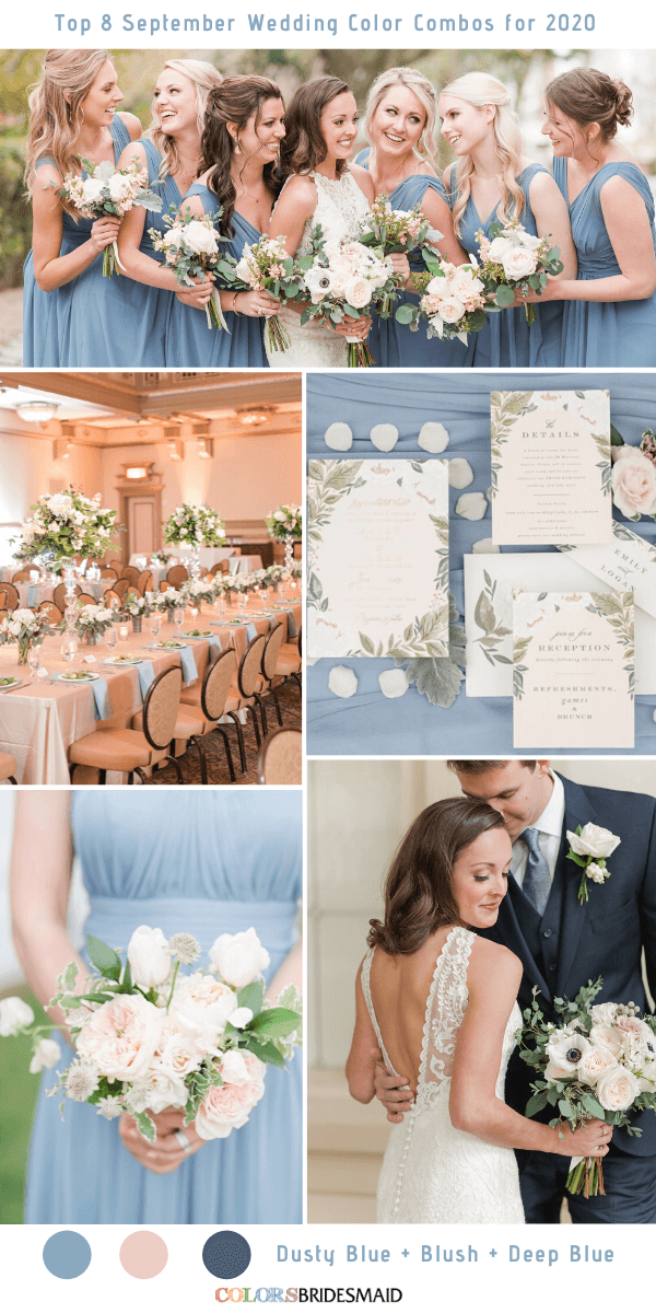 Top 8 September Wedding Color Combos for 2020 - Dusty Blue + Blush + Deep Blue