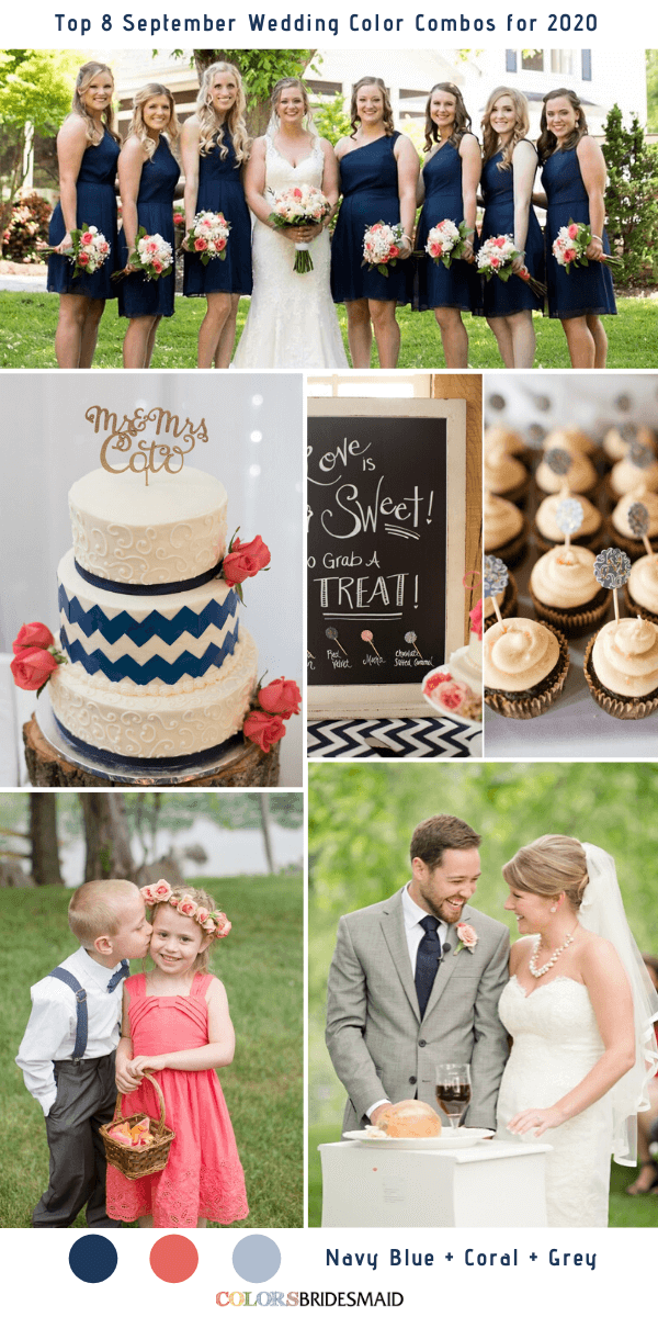 Top 8 September Wedding Color Combos for 2020 - Navy blue + Coral + Grey
