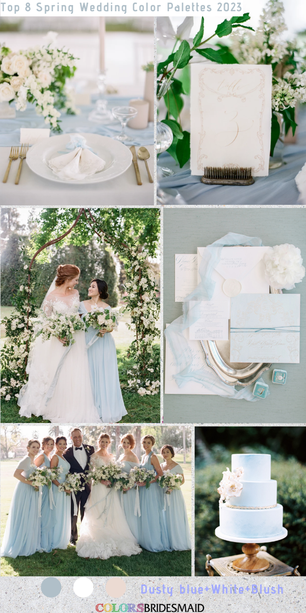 Top 8 Spring Wedding Color Palettes for 2023 - Dusty blue + White + Blush