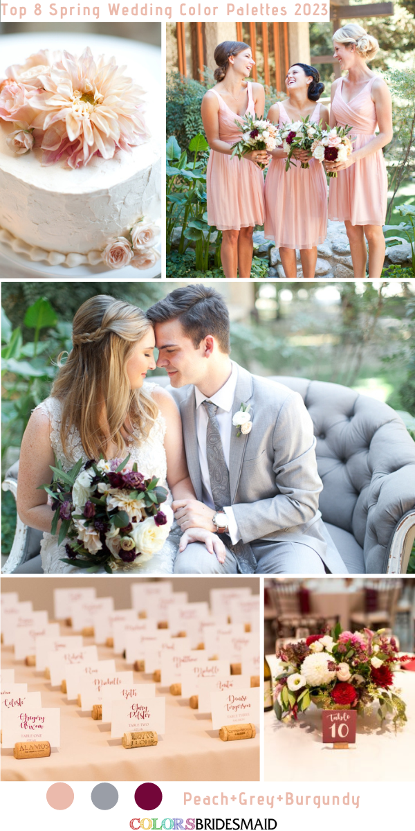 Top 8 Spring Wedding Color Palettes for 2023 - Peach + Grey + Burgundy