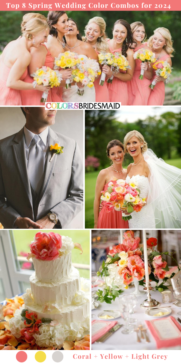 Top 8 Spring Wedding Color Palettes for 2024 - Coral + Yellow + Light Grey