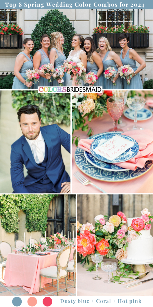 Top 8 Spring Wedding Color Palettes for 2024 - Dusty Blue + Coral + Hot Pink