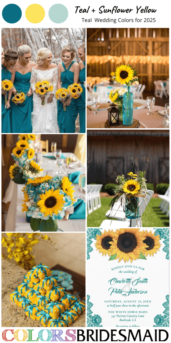Top 8 Teal Wedding Color Combos for 2025 That Are Stunning - Teal + Sunflower Yellow