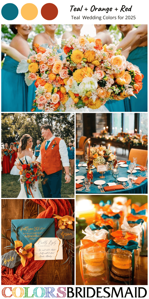 Top 8 Teal Wedding Color Combos for 2025 That Are Stunning - Teal + Orange + Red