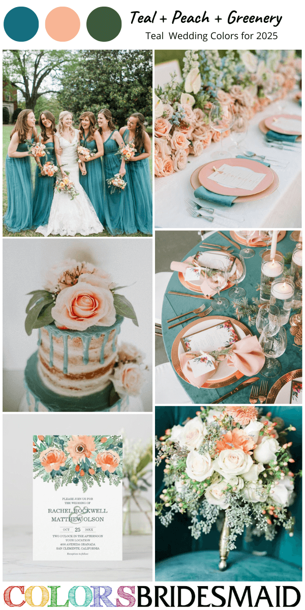 Top 8 Teal Wedding Color Combos for 2025 That Are Stunning - Teal + Peach + Greenery