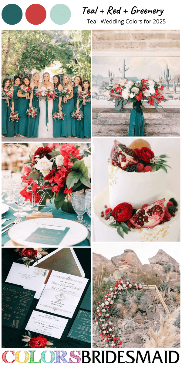 Top 8 Teal Wedding Color Combos for 2025 That Are Stunning - Teal + Red + Greenery