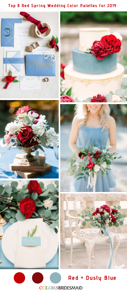 Top 8 Red Spring Wedding Color Palettes for 2019 - Red and Dusty Blue