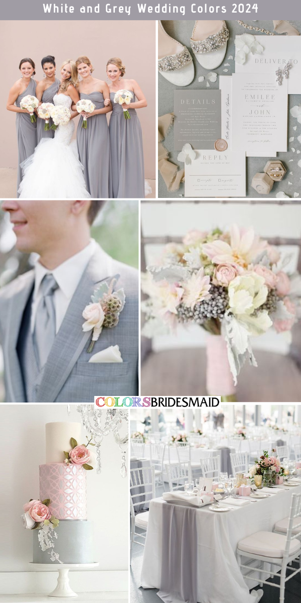 Elegant White Wedding Color Palettes for 2024 - White + Grey + Blush