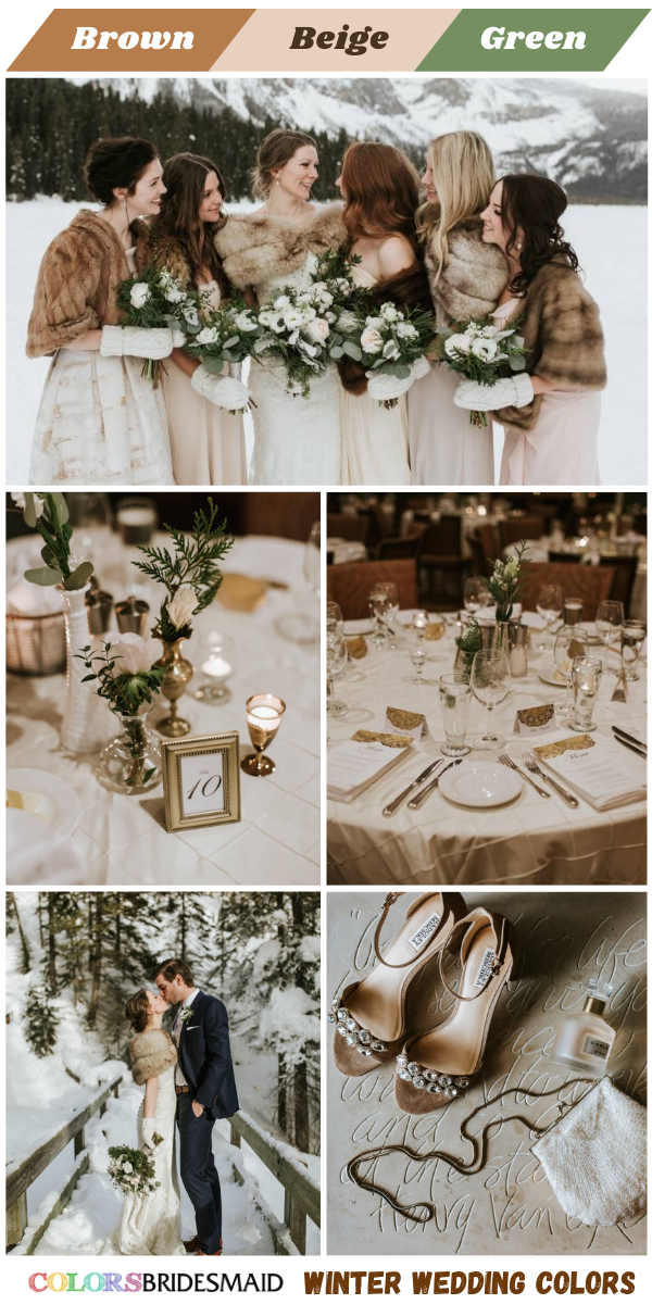 Top 8 winter Wedding Color themes for 2024 - Brown + Beige + Green