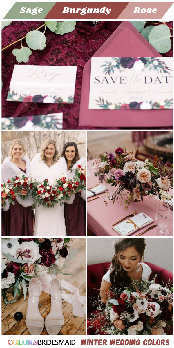 Top 8 winter Wedding Color themes for 2024 - Sage Green + Burgundy + Dusty Rose
