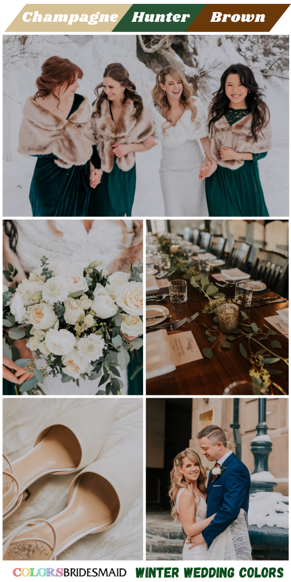 Top 8 winter Wedding Color themes for 2024 - Champagne + Hunter Green + Brown