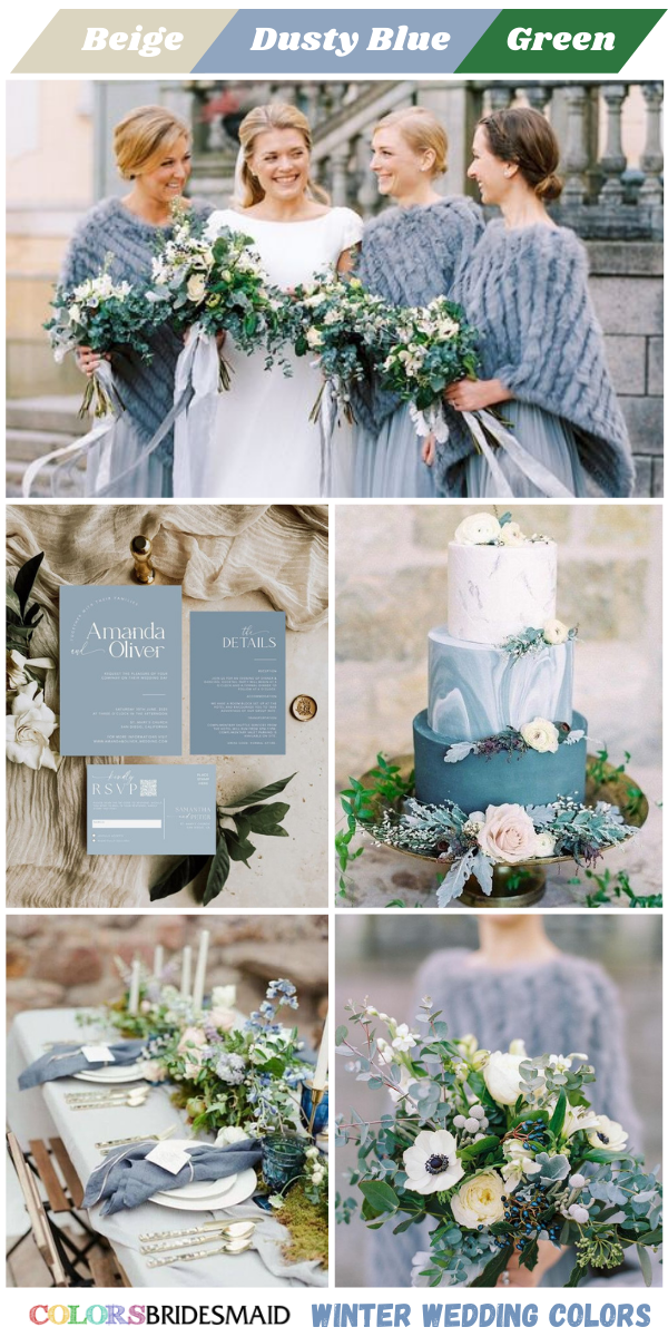 Top 8 winter Wedding Color themes for 2024 - Beige + Dusty Blue + Green