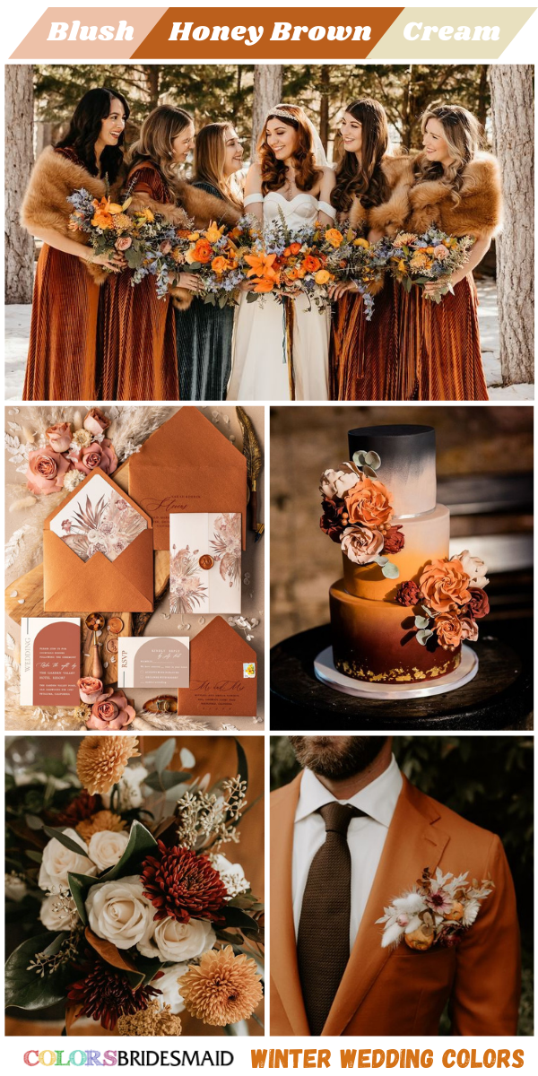 Top 8 winter Wedding Color themes for 2024 - Blush + Honey Brown + Cream