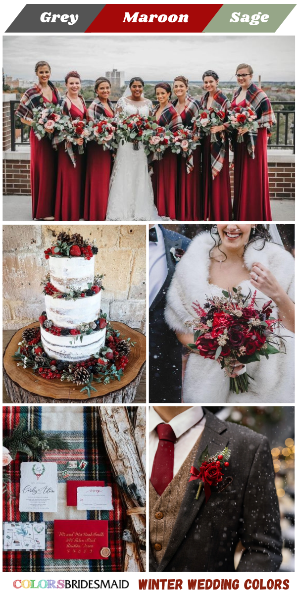 Top 8 winter Wedding Color themes for 2024 - Grey + Maroon + Sage Green