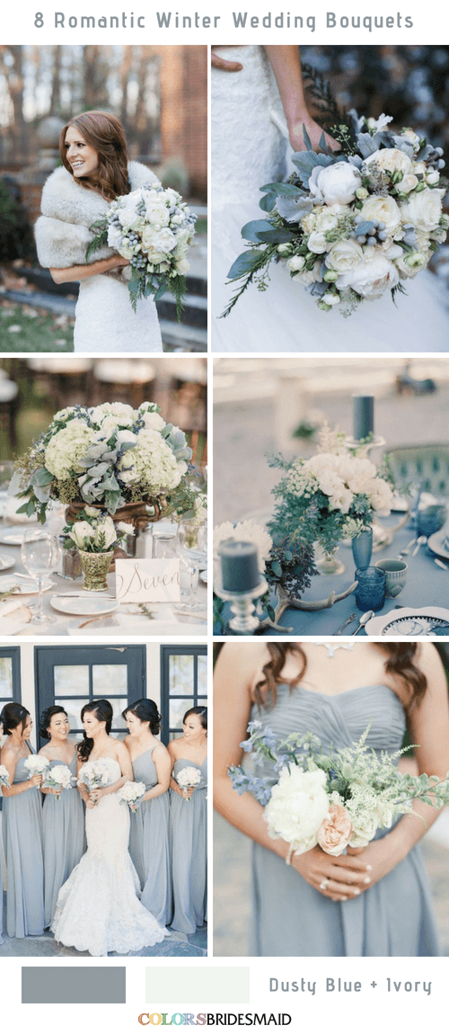 8 Romantic and Gorgeous Winter Wedding Bouquets - Dusty Blue and Ivory