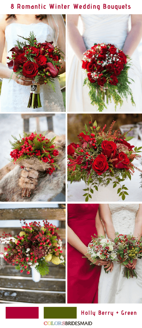 8 Romantic and Gorgeous Winter Wedding Bouquets - Holly Berries and Green