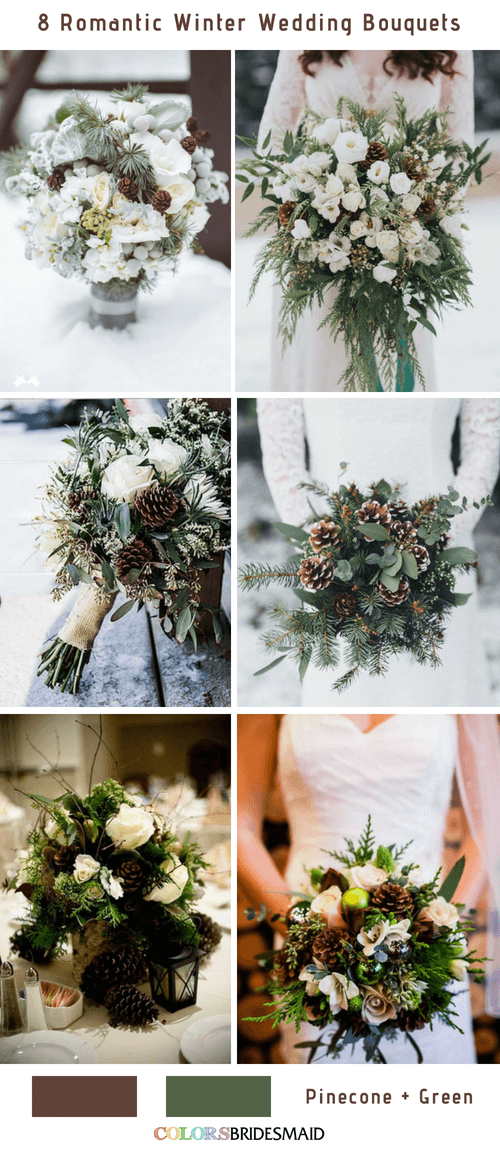 8 Romantic and Gorgeous Winter Wedding Bouquets - Pinecone and Green